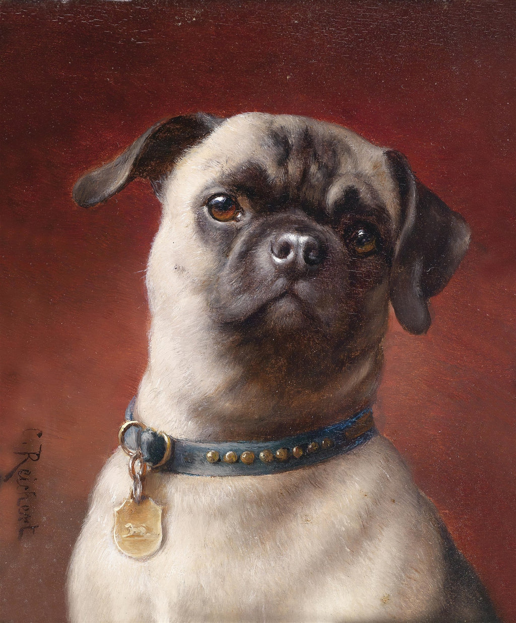 Retrato de um pug com coleira azul e medalhão, pintado por Carl Reichert, em tons de bege, marrom e fundo vermelho. Obra de arte animalista.