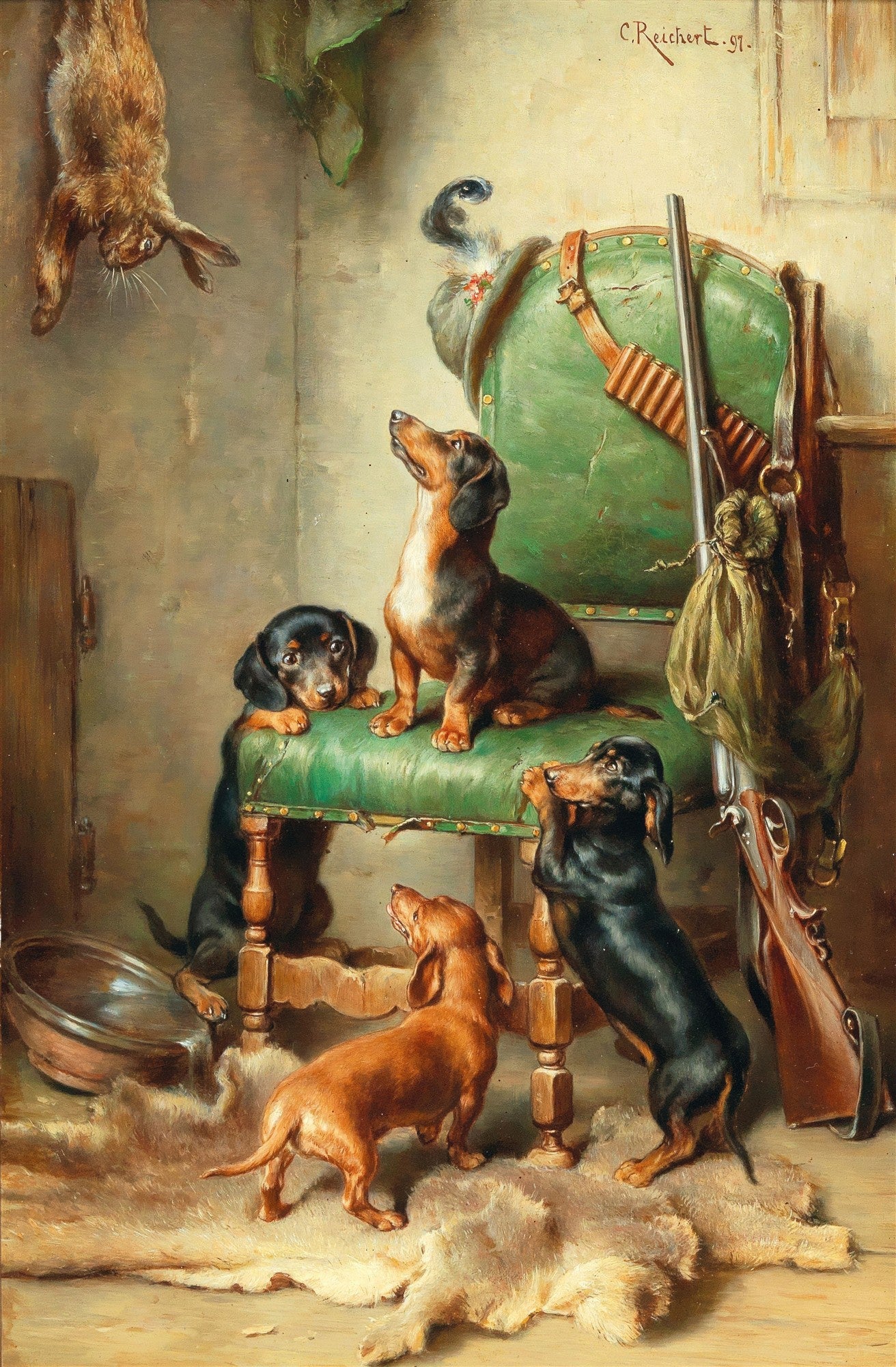 Quadro decorativo mostrando cinco cães salsichas curiosos em um ambiente de caça, com um coelho pendurado e equipamentos de caça. A cor predominante é terrosa com detalhes em verde.