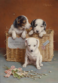 Pintura a óleo de três filhotes de cachorro em uma cesta de vime com a frase 'With Heaty Good Wishes' e um ramalhete floral na frente, assinado por C. Reichert.