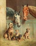 Pintura a óleo de Carl Reichert mostrando cães e cavalos em um celeiro. Dois cavalos de cores diferentes espiam por cima de uma cerca de madeira. Abaixo, quatro filhotes de cachorro de diferentes raças, incluindo um terrier e um chihuahua, sentam-se ou deitam-se sobre a palha.