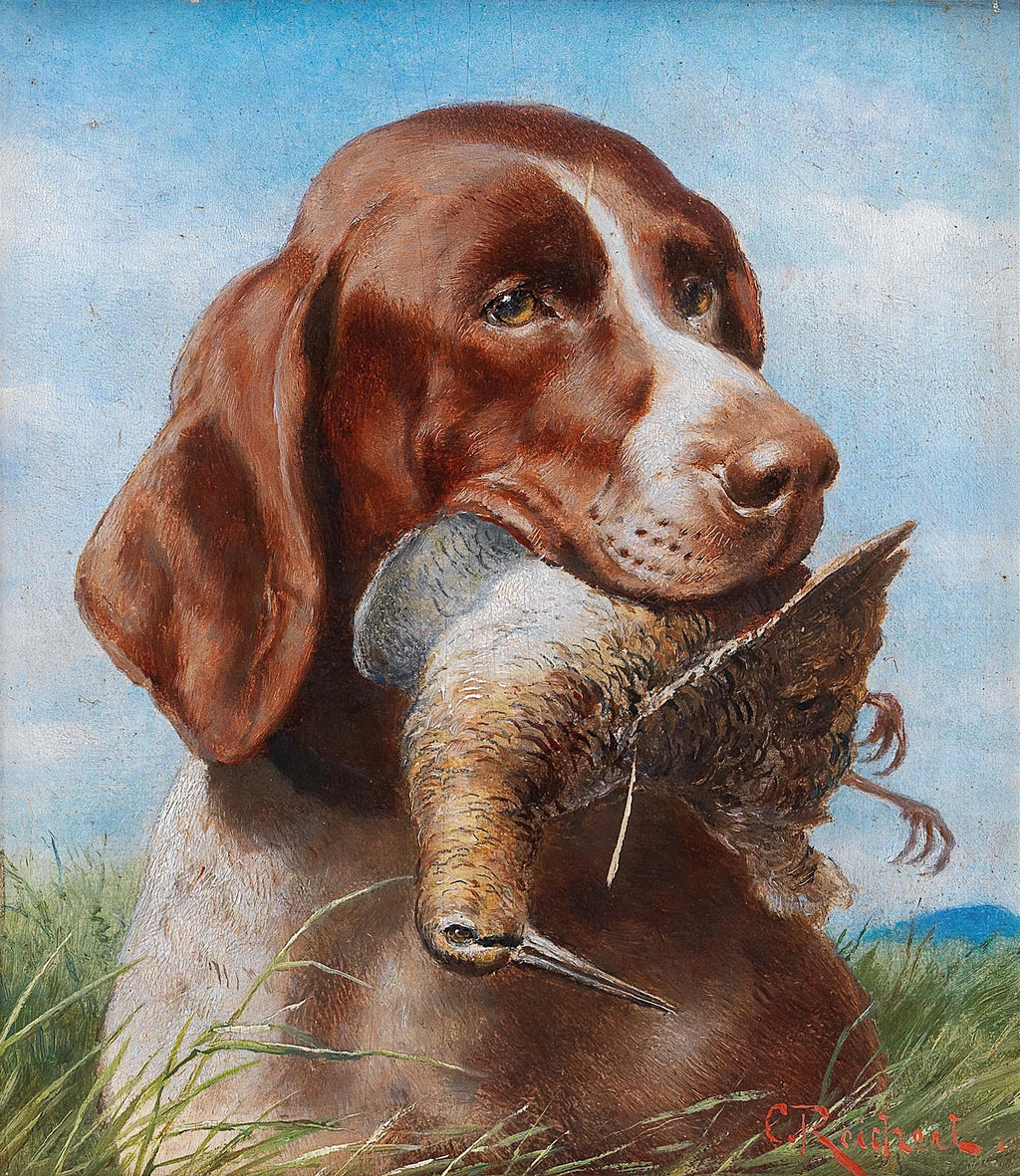 Quadro decorativo mostrando um cão de caça marrom e branco, com o focinho suavemente segurando uma ave morta. O cão tem um olhar atento e está em um campo com grama verde e um céu azul ao fundo. A assinatura do artista, C. Reichert, é visível no canto inferior direito.