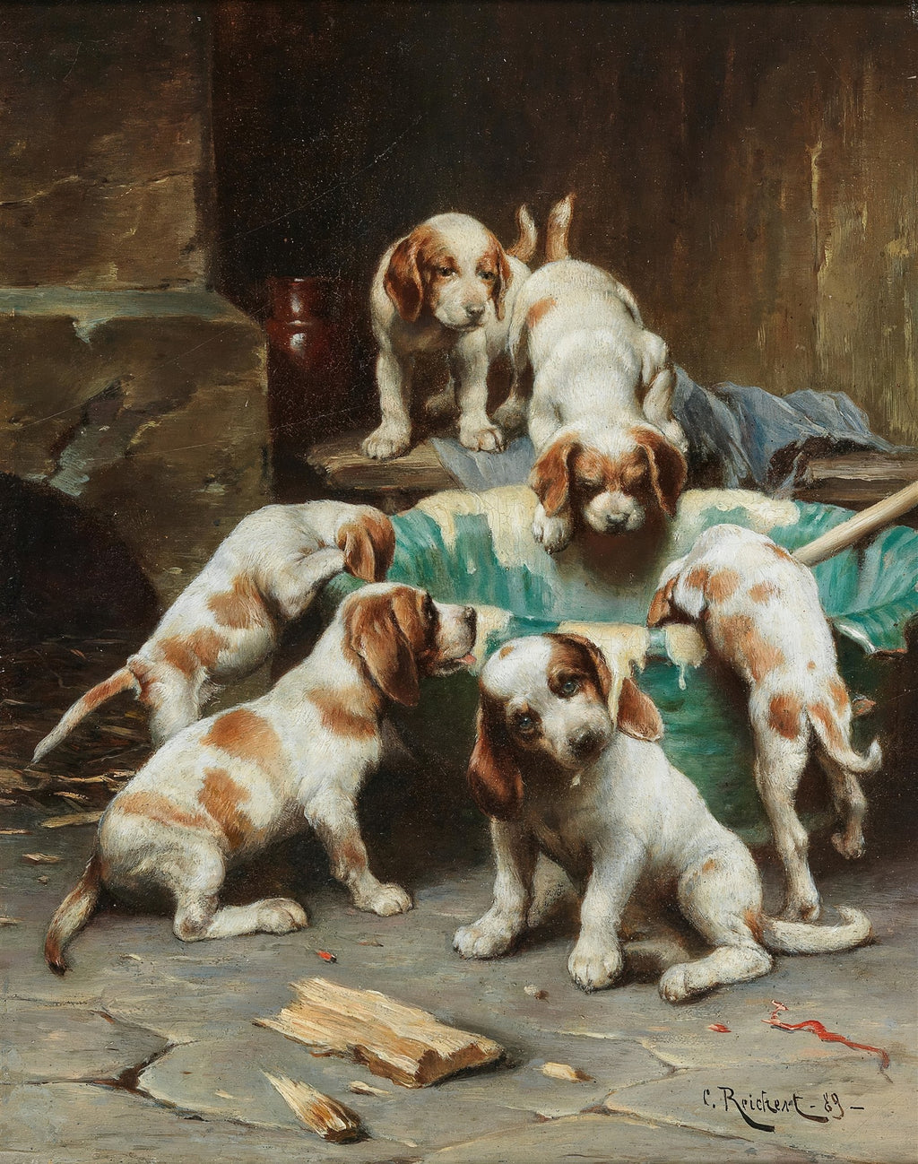 Pintura a óleo de Carl Reichert mostrando seis filhotes de cachorro de pelagem branca e manchas marrons, brincando em um cesto e no chão de pedra, com um fundo escuro e rústico.