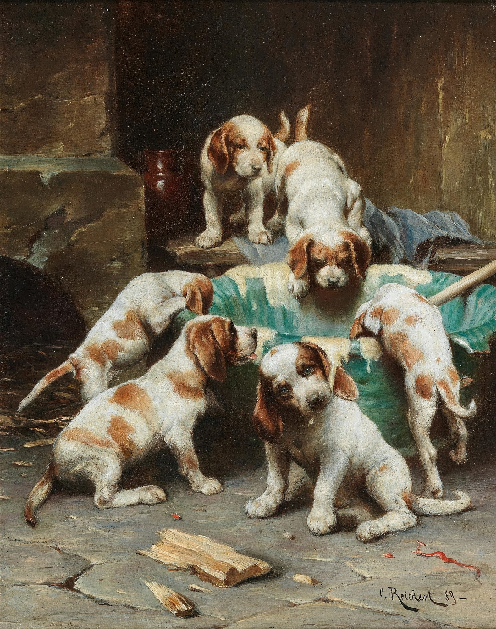 Pintura a óleo de Carl Reichert mostrando seis filhotes de cachorro de pelagem branca e manchas marrons, brincando em um cesto e no chão de pedra, com um fundo escuro e rústico.