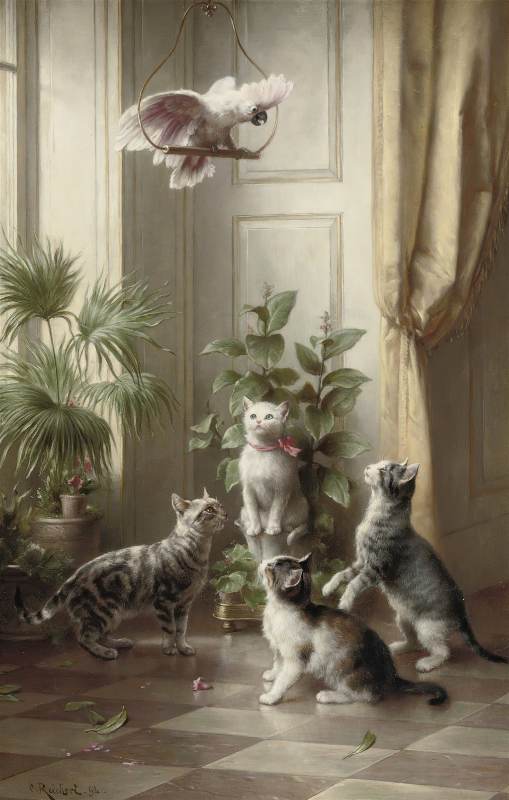 Quadro decorativo 'A Festa do Papagaio' de Carl Reichert, exibindo um papagaio-cacatua branco no alto, rodeado por quatro gatinhos curiosos e plantas em um interior luxuoso com piso xadrez.