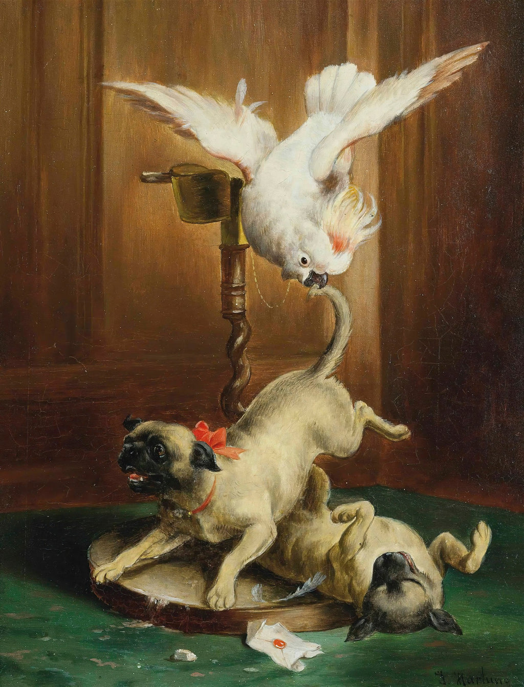 Pintura a óleo de Carl Reichert com uma cacatua branca pendurada de cabeça para baixo e dois pugs brincalhões no chão, um deles com laço vermelho no pescoço, em cena divertida e caótica.