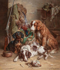 Pintura a óleo de Carl Reichert retratando três cães de caça – um dachshund, um cão marrom e branco deitado e um cão retriever marrom sentado – ao lado de faisões abatidos, uma espingarda e equipamentos de caça em um cenário interior rústico.