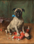 Pintura a óleo de Carl Reichert, 'Pug with Doll', retratando um pug de cor bege e focinho escuro, com uma fita azul no pescoço, sentado sobre uma boneca japonesa de quimono vermelho. A cena se passa em um ambiente interno com cesta de vime e fundo verde escuro. Assinatura 'C. Reichert '98' no canto superior esquerdo.