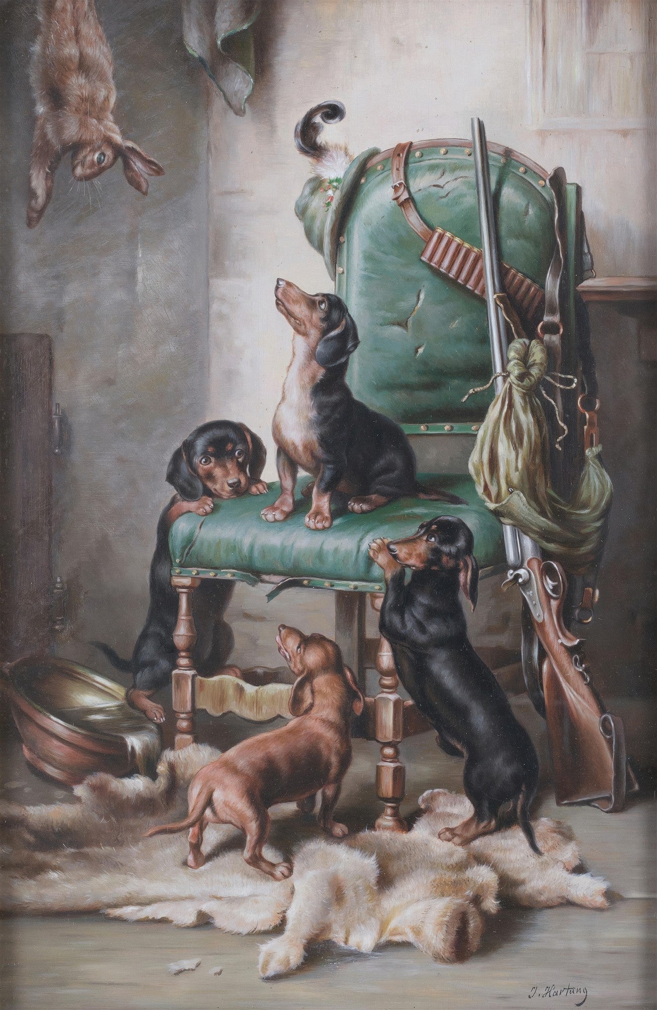 Quadro decorativo com cinco filhotes de Dachshunds em uma cena de interior, com um coelho pendurado e uma espingarda encostada em uma cadeira verde, atribuído a Carl Reichert.