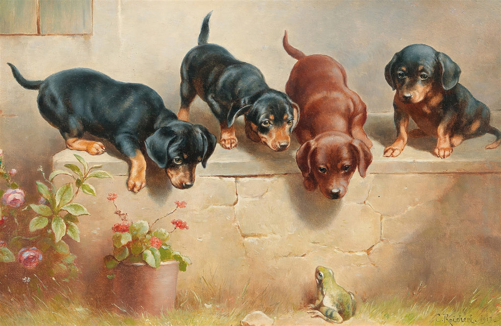 Quadro a óleo de Carl Reichert com quatro filhotes de cachorro curiosos, dois pretos e dois marrons, observando um sapo verde em um muro de pedra com plantas e flores