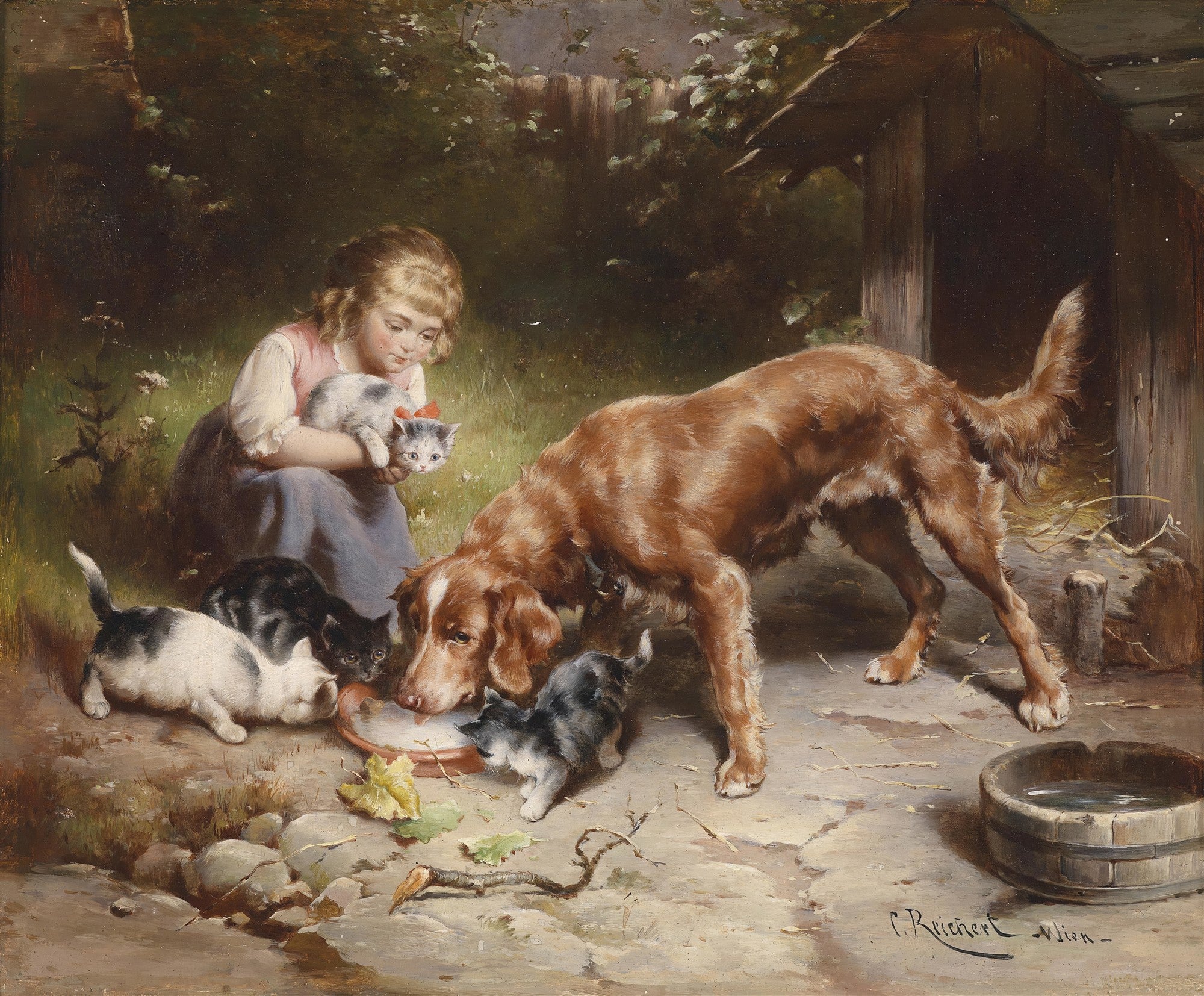 Quadro a óleo retratando uma menina alimentando gatinhos e um cachorro em um ambiente campestre, pelo artista Carl Reichert.