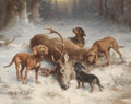 Pintura a óleo de Carl Reichert mostrando quatro cães de caça marrons e pretos ao redor de um veado morto na neve, com árvores ao fundo e um céu cinzento.
