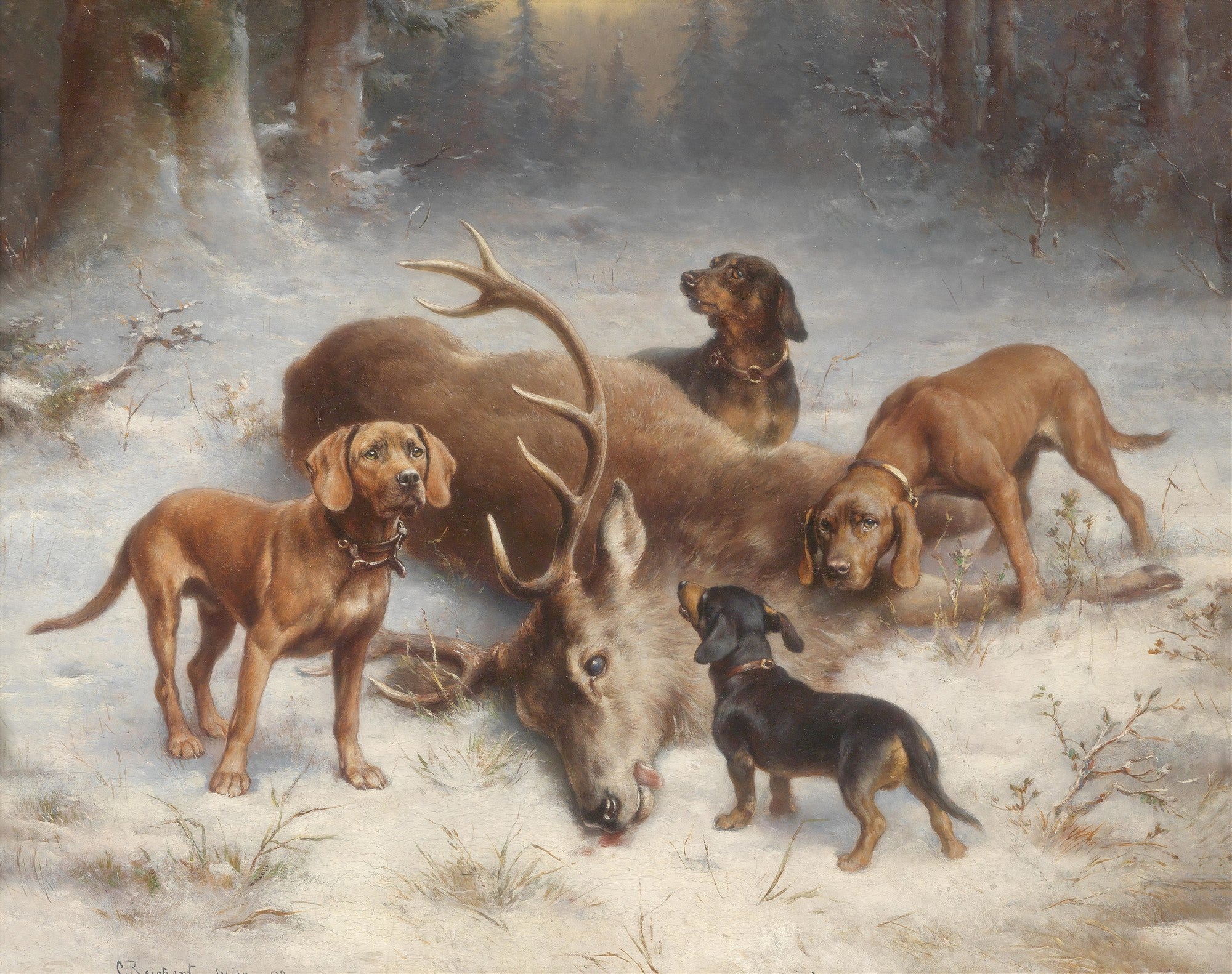 Pintura a óleo de Carl Reichert mostrando quatro cães de caça marrons e pretos ao redor de um veado morto na neve, com árvores ao fundo e um céu cinzento.