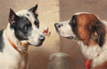 Quadro decorativo com dois cães, um preto e branco segurando um osso, e outro marrom e branco olhando atentamente, obra de Carl Reichert.