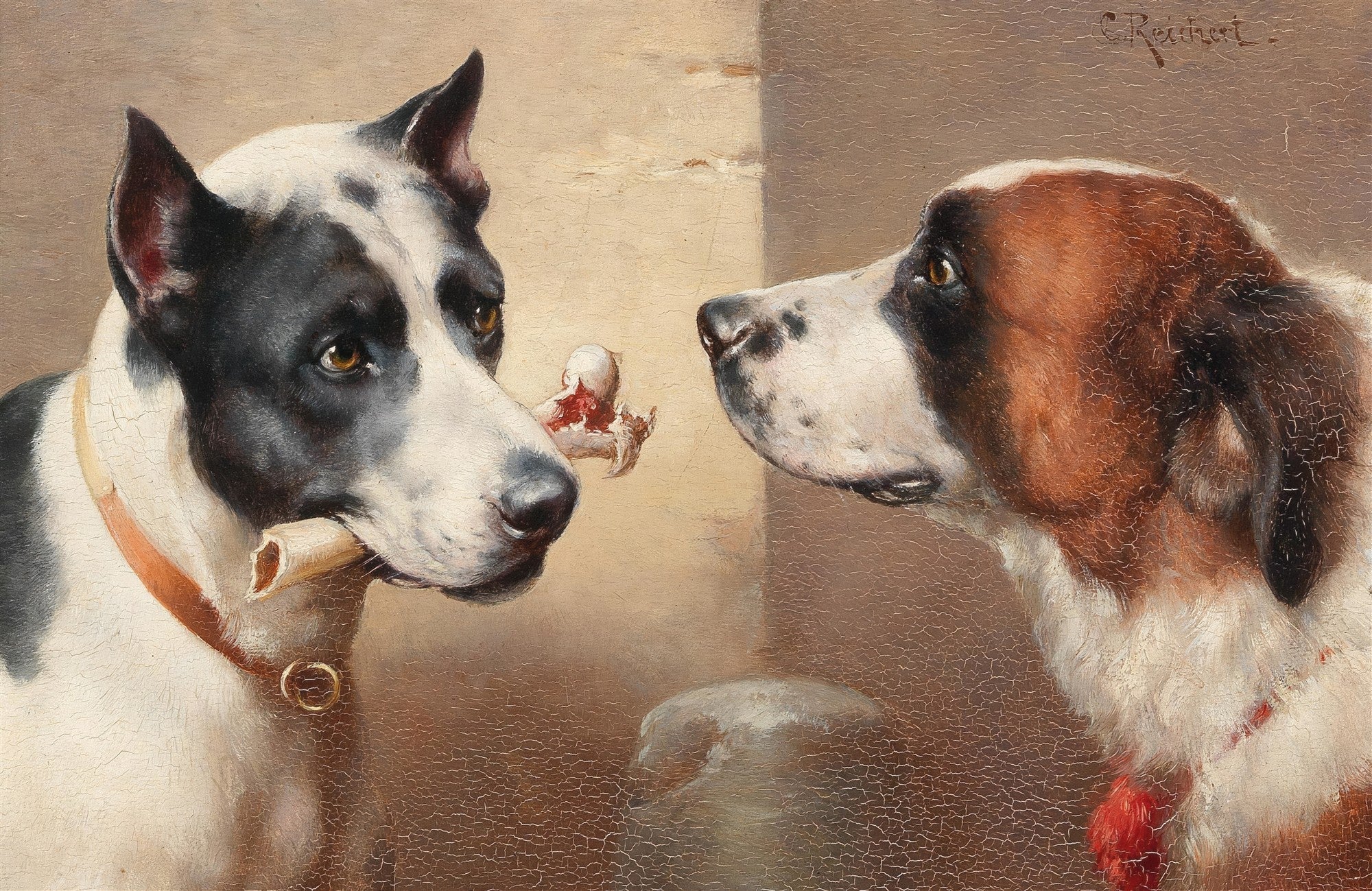 Quadro decorativo com dois cães, um preto e branco segurando um osso, e outro marrom e branco olhando atentamente, obra de Carl Reichert.