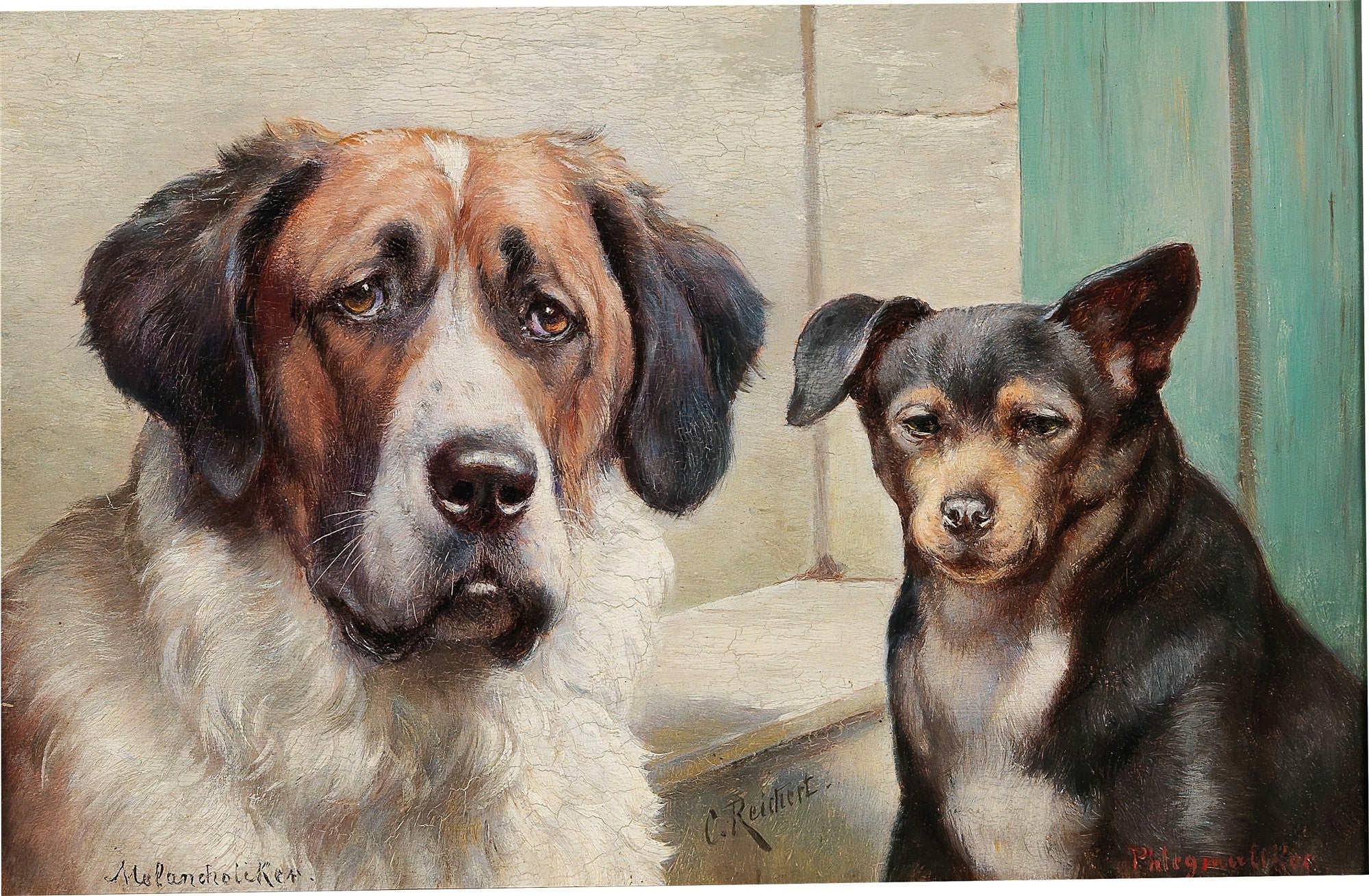 Pintura a óleo de dois cães, um São Bernardo grande com expressão melancólica e um cão menor preto e marrom com expressão mais séria, sentados lado a lado em frente a uma parede clara e porta verde.