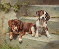 Dois filhotes de cachorro, um marrom e outro marrom e branco, sentados em degraus de pedra, com uma abelha voando no canto superior direito e folhas verdes penduradas no canto superior esquerdo.