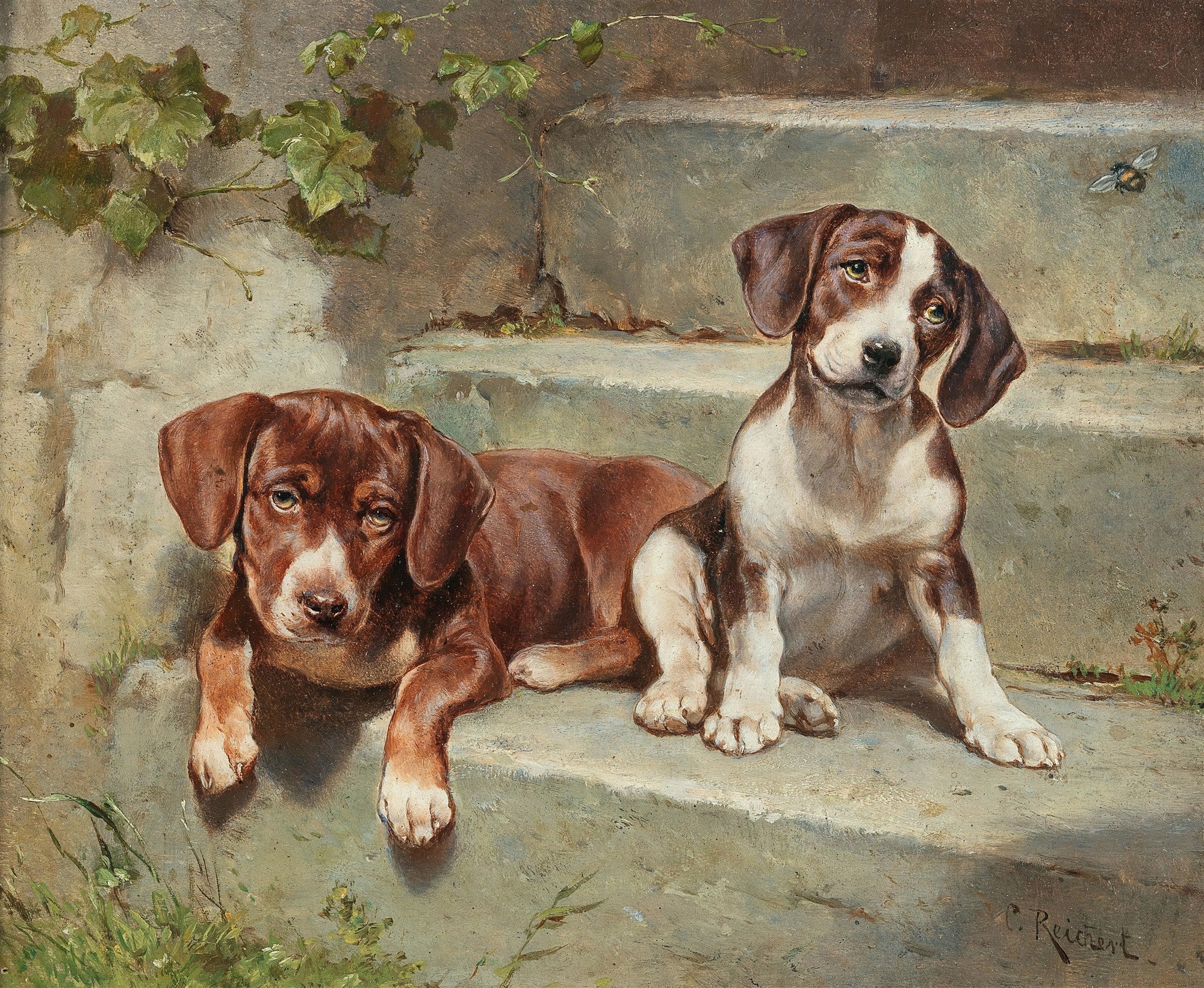 Dois filhotes de cachorro, um marrom e outro marrom e branco, sentados em degraus de pedra, com uma abelha voando no canto superior direito e folhas verdes penduradas no canto superior esquerdo.