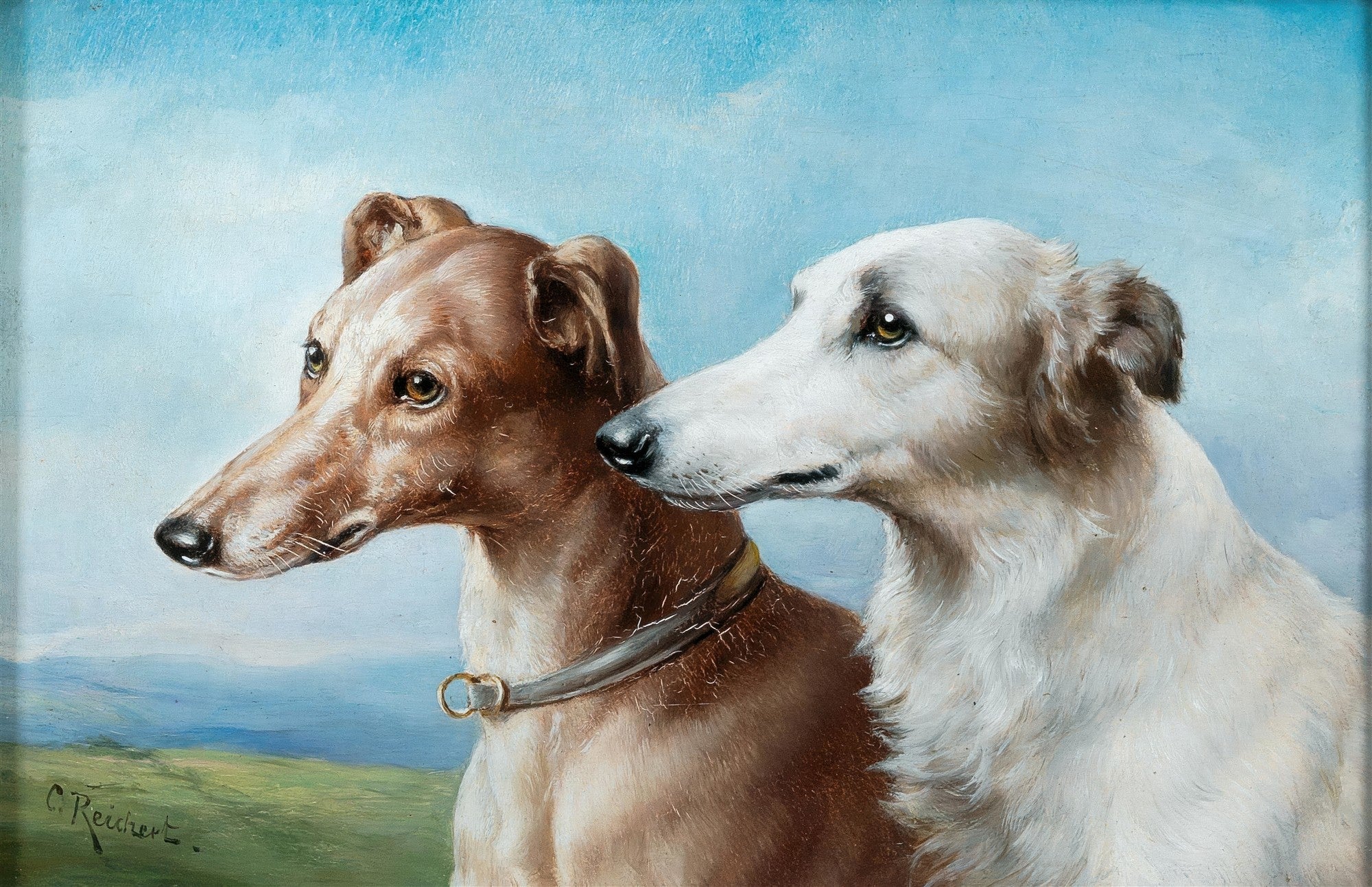 Pintura a óleo de Carl Reichert retratando dois galgos, um marrom e um branco, em um campo verde sob um céu azul claro.