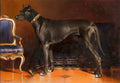 Quadro decorativo de um Dogue Alemão preto, em pose elegante, com coleira dourada, ao lado de uma cadeira clássica roxa e dourada, em um ambiente escuro com piso claro, assinado por C. Reichert.