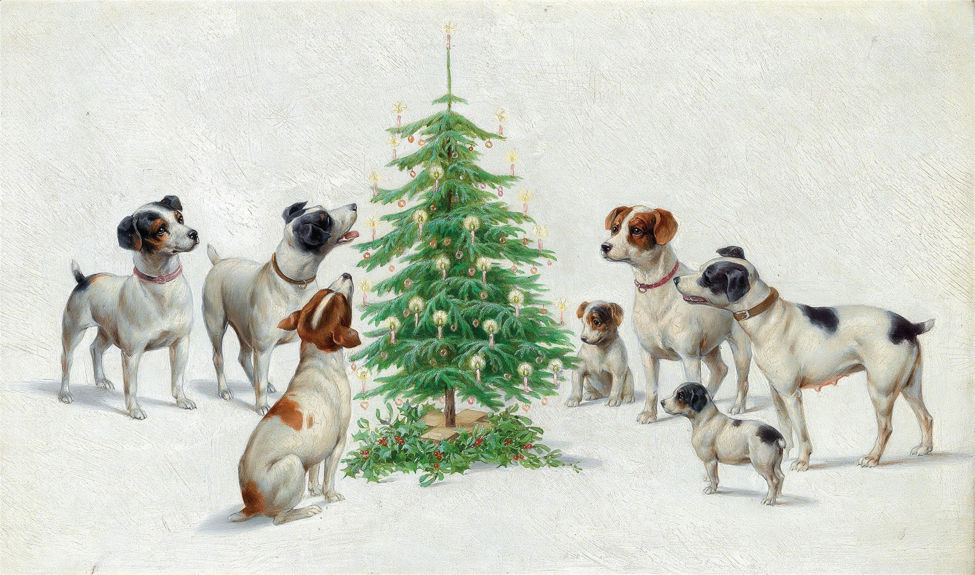 Grupo de cães de raças pequenas e médias, predominantemente brancos com manchas pretas e marrons, observando uma árvore de Natal verde decorada com velas e azevinho, em um fundo claro. Obra atribuída a Carl Reichert.
