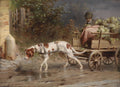 Pintura a óleo de Carl Reichert, mostrando um cão de caça branco e marrom atrelado a uma carroça de madeira, sendo conduzido por uma figura masculina em um chapéu, com vegetais na carroça, em uma estrada de terra com poças, sob um céu nublado, com vegetação luxuriante e uma cerca ao fundo.