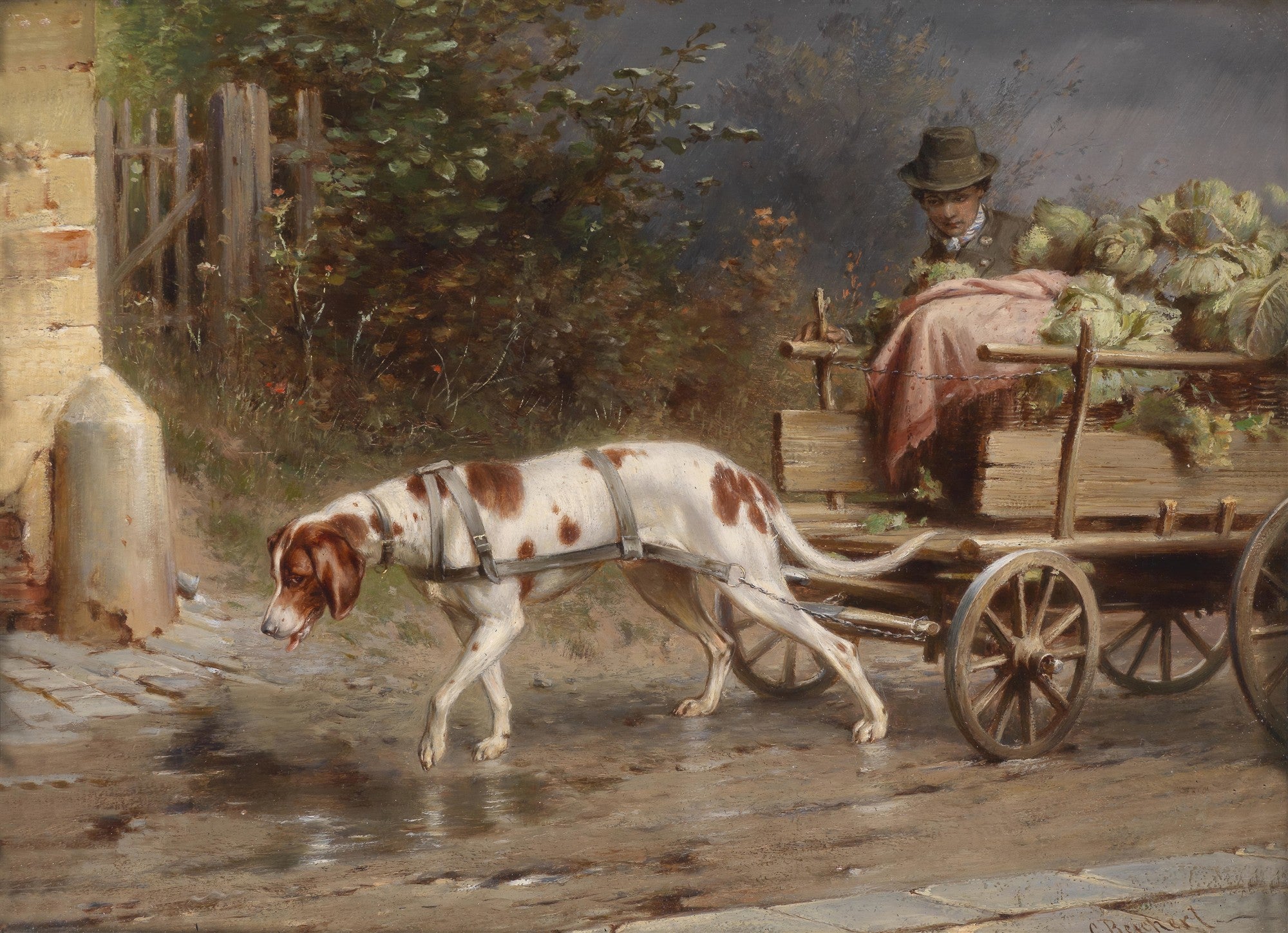 Pintura a óleo de Carl Reichert, mostrando um cão de caça branco e marrom atrelado a uma carroça de madeira, sendo conduzido por uma figura masculina em um chapéu, com vegetais na carroça, em uma estrada de terra com poças, sob um céu nublado, com vegetação luxuriante e uma cerca ao fundo.
