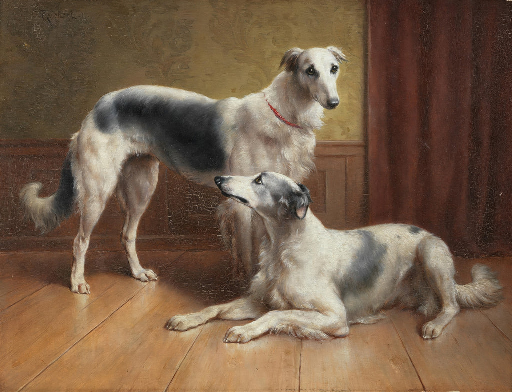 Quadro decorativo com dois cães Borzoi brancos e cinzas, um em pé e outro deitado, em um interior elegante com piso de madeira e parede amarela.