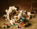 Pintura a óleo de Carl Reichert mostrando cinco filhotes de cachorro e um cão adulto em um ateliê, alguns com tintas coloridas nos pelos, rodeados por potes de tinta e pincéis. O chão é de madeira e o fundo é uma parede marrom escura.
