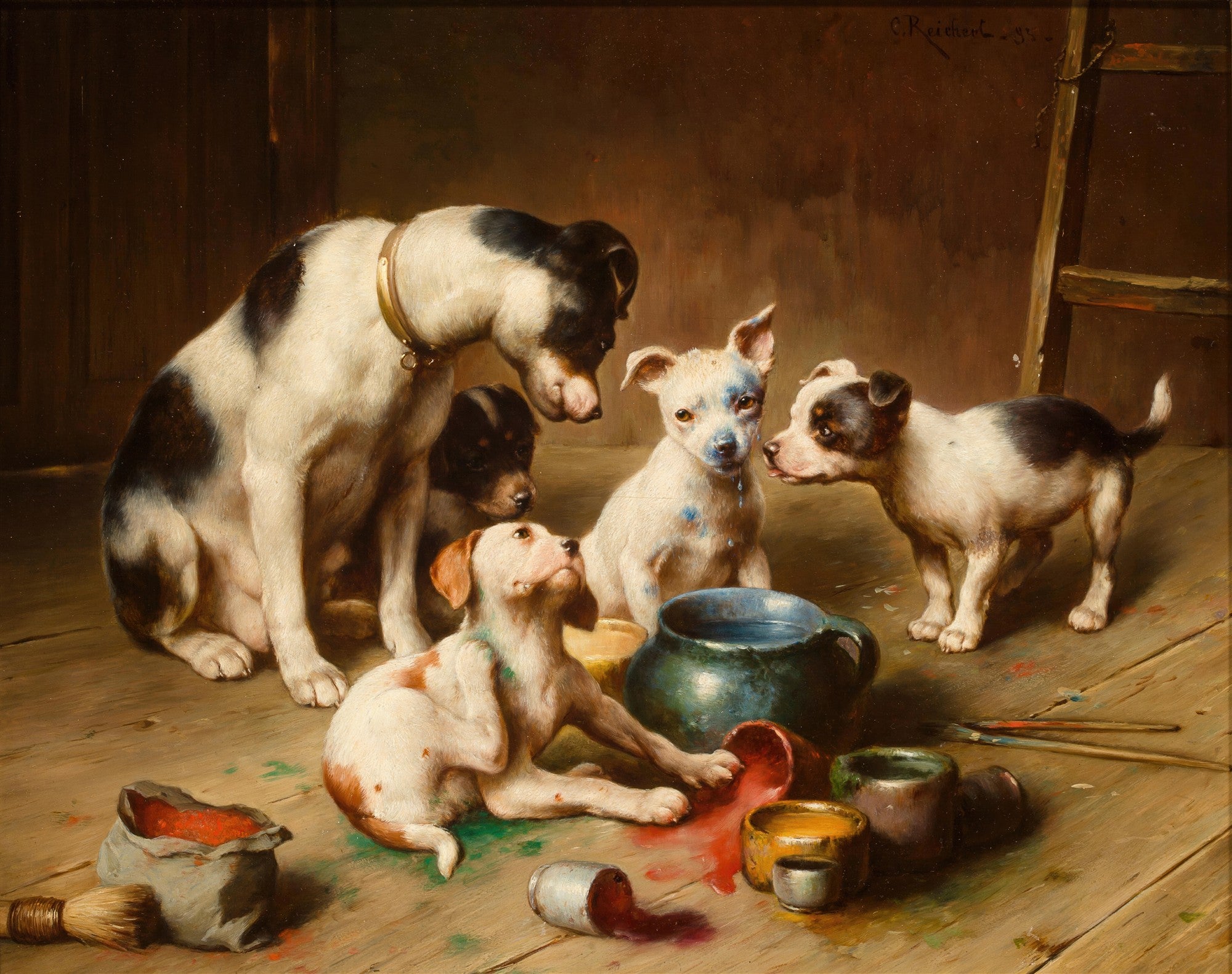 Pintura a óleo de Carl Reichert mostrando cinco filhotes de cachorro e um cão adulto em um ateliê, alguns com tintas coloridas nos pelos, rodeados por potes de tinta e pincéis. O chão é de madeira e o fundo é uma parede marrom escura.