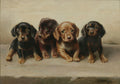 Quadro decorativo com pintura de quatro filhotes de dachshunds em tons de marrom e preto, olhando para frente, sobre uma superfície clara e fundo neutro. Assinatura 'J. Hartman'