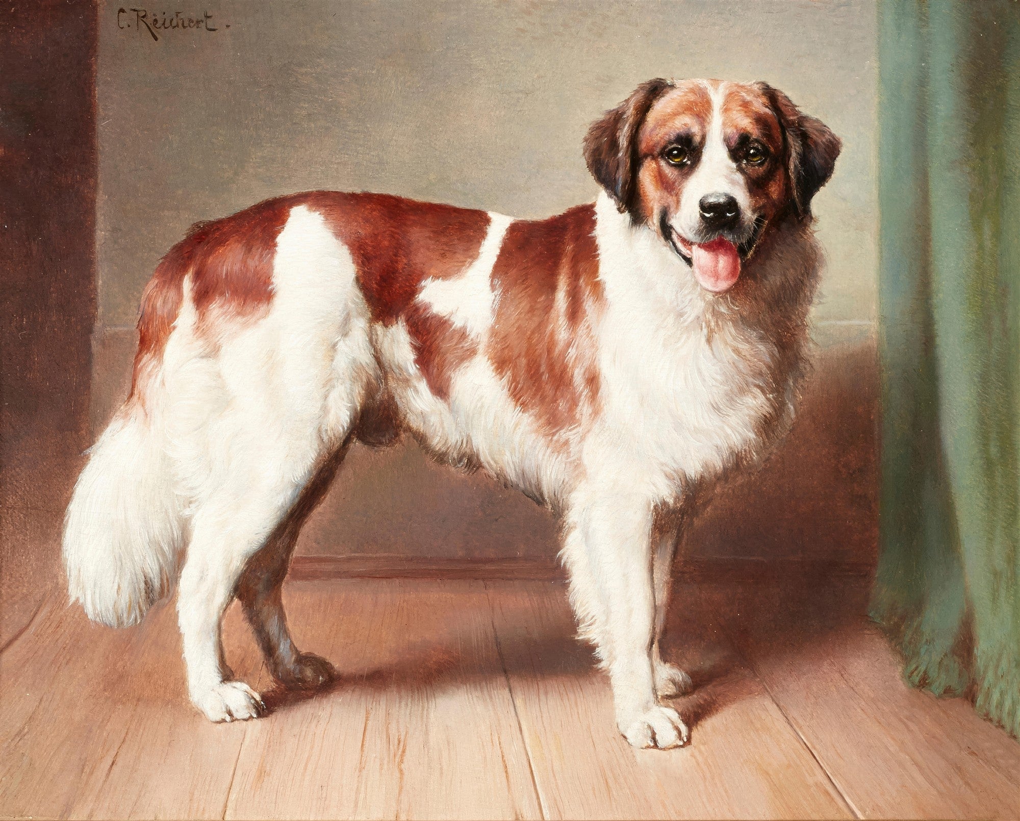 Pintura a óleo de um Cão São Bernardo em pé, com pelagem branca e marrom avermelhada, expressão amigável e língua para fora, em ambiente interno com chão de madeira e parede neutra.