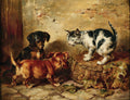Quadro decorativo com dois filhotes de cachorro e um gato em primeiro plano, interagindo. O gato está sobre um cesto, olhando para um dos cães.