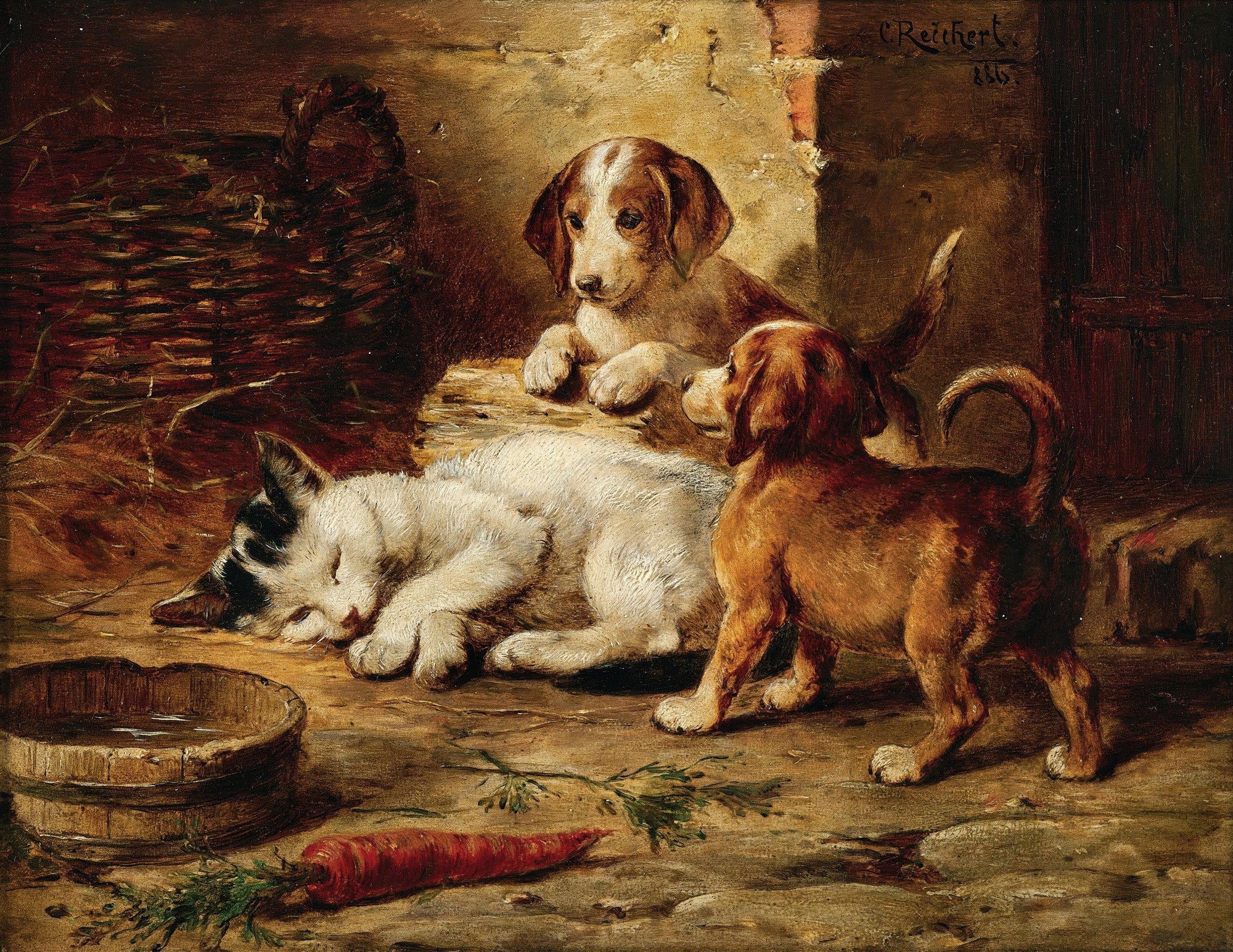 Quadro decorativo com pintura de Carl Reichert, retratando dois filhotes de cachorro e um gatinho dormindo. Ao fundo, um cesto de vime e uma parede rústica. Uma cenoura está no chão, próxima a um pote de madeira com água.