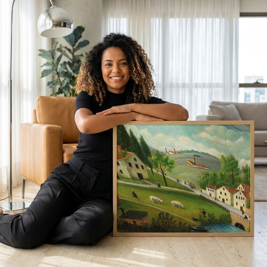 Quadro Decorativo Paisagem com Fábricas - Henri Rousseau com modelo em ambiente