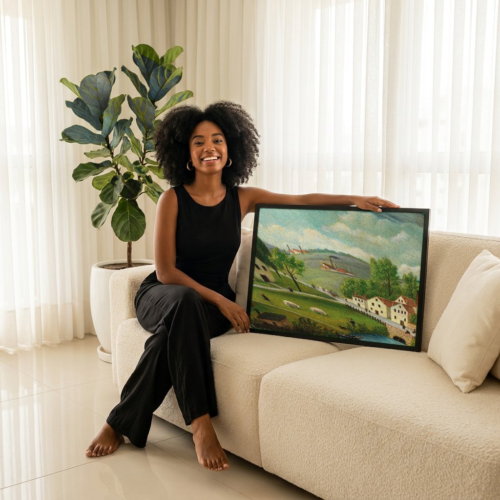 Quadro Decorativo Paisagem com Fábricas - Henri Rousseau com modelo em ambiente