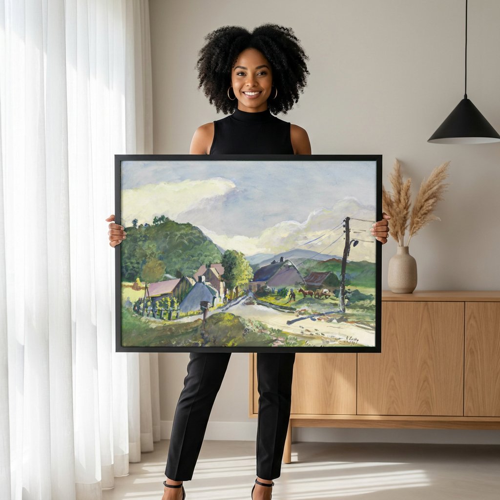 Quadro Decorativo Paisagem Rural com Casarios - Oskar Laske com modelo em ambiente