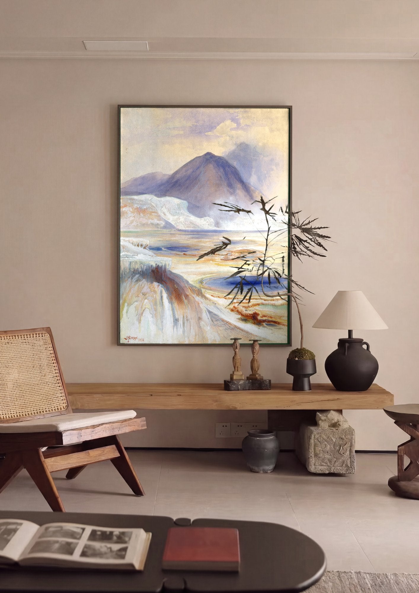 Quadro Decorativo Formações Geotérmicas - Thomas Moran em ambiente decorado