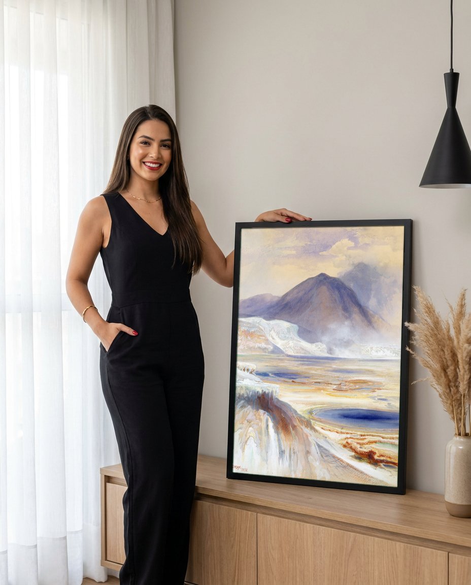 Quadro Decorativo Formações Geotérmicas - Thomas Moran com modelo em ambiente