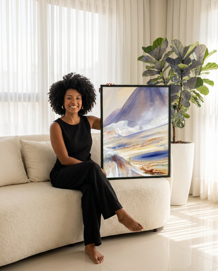 Quadro Decorativo Formações Geotérmicas - Thomas Moran com modelo em ambiente