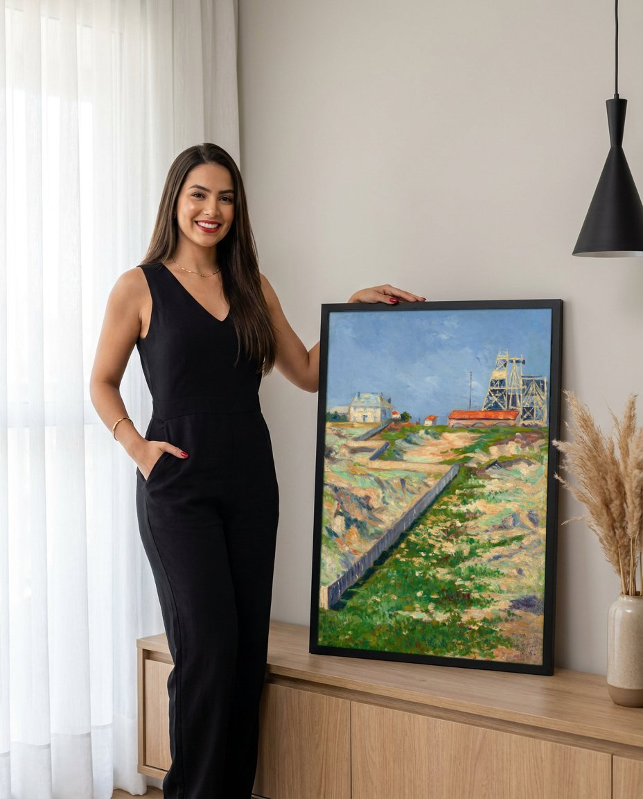 Quadro Decorativo Campo com Moinho e Casas - Paul Signac com modelo em ambiente