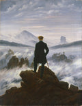 Quadro decorativo mostrando um homem de costas, em pé no topo de uma rocha, olhando para um vasto mar de névoa cobrindo montanhas e picos. O céu está nublado e a cena é de grande introspecção e grandiosidade natural. A imagem é de O Caminhante sobre o Mar de Névoa de Caspar David Friedrich.