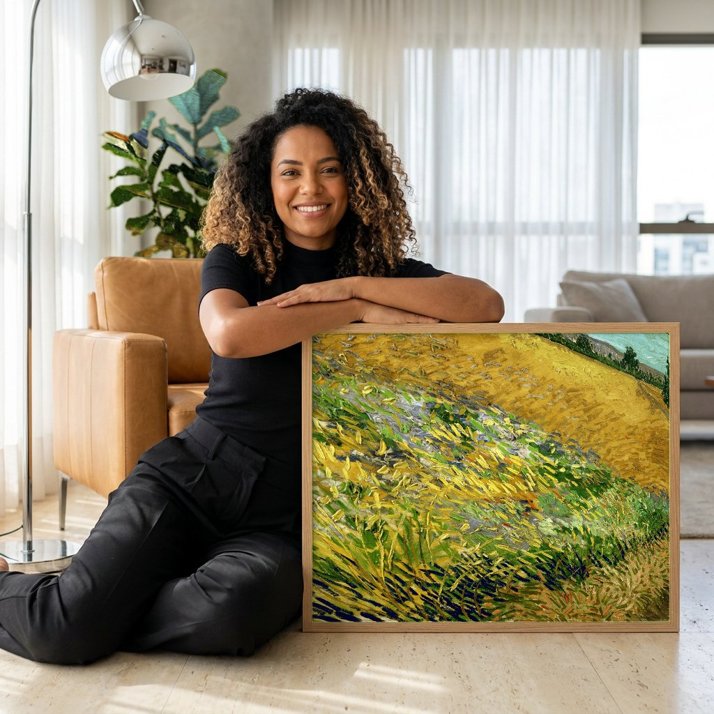 Quadro Decorativo Campo de Trigo com Ceifeiro - Van Gogh com modelo em ambiente