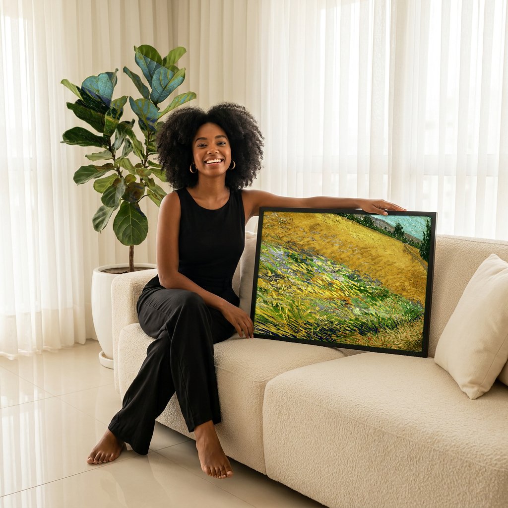 Quadro Decorativo Campo de Trigo com Ceifeiro - Van Gogh com modelo em ambiente