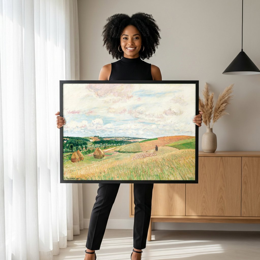 Quadro Decorativo Campo de Trigo com Ceifeira - Pissarro com modelo em ambiente