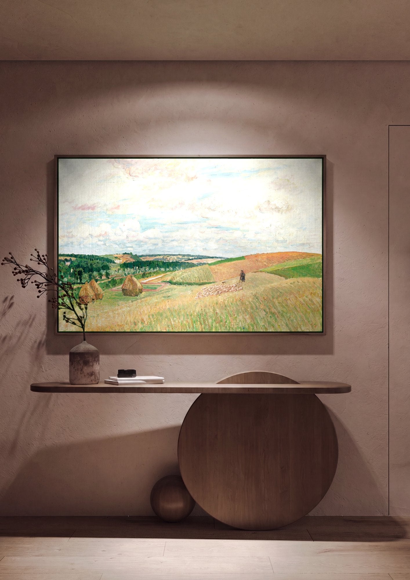 Quadro Decorativo Campo de Trigo com Ceifeira - Pissarro em ambiente decorado