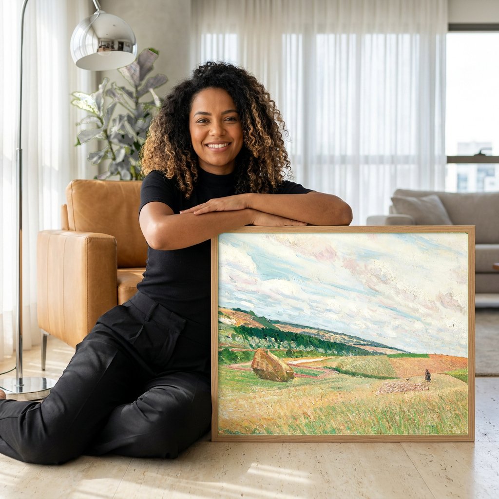 Quadro Decorativo Campo de Trigo com Ceifeira - Pissarro com modelo em ambiente
