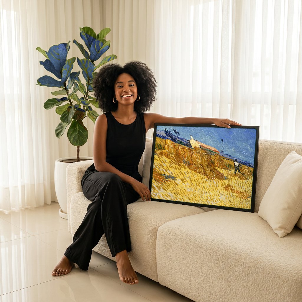 Quadro Decorativo Campo de Trigo com Ceifeiro - Van Gogh com modelo em ambiente