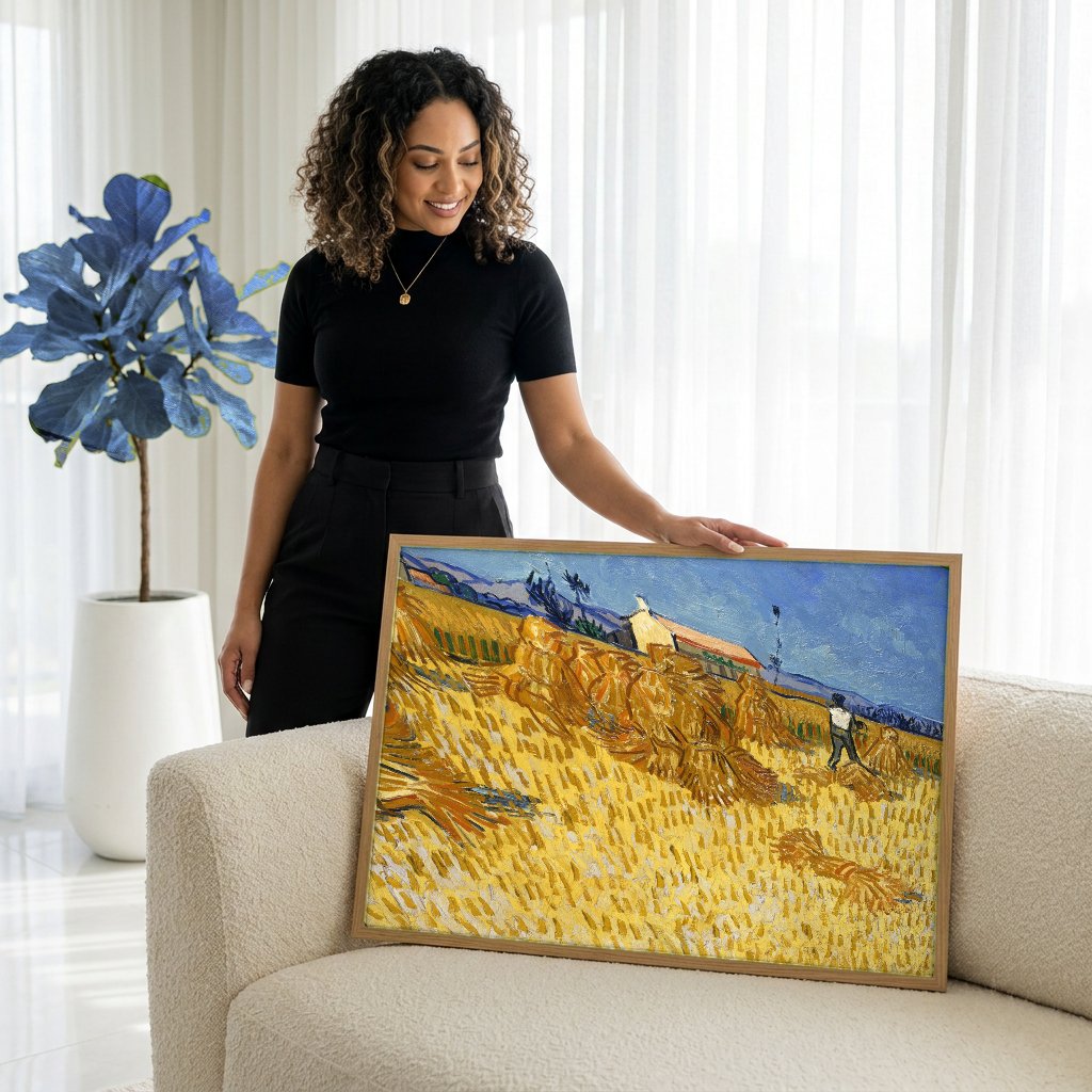 Quadro Decorativo Campo de Trigo com Ceifeiro - Van Gogh com modelo em ambiente
