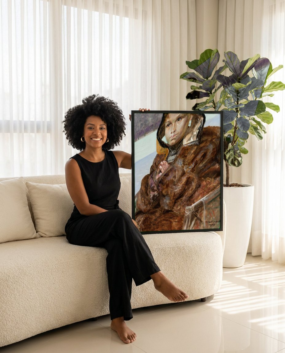 Quadro Decorativo A garota na neve - Jacek Malczewski com modelo em ambiente
