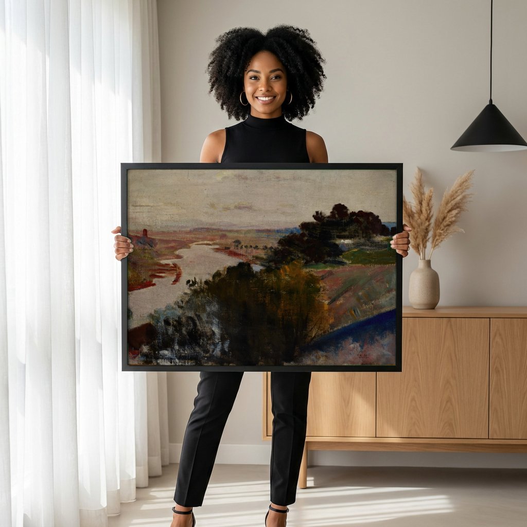 Quadro Decorativo Paisagem Fluvial - Jacek Malczewski com modelo em ambiente